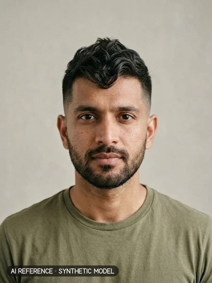 Faux hawk on Model M3 (medium brown skin · thick wavy 2B–2C hair · 30s). AI reference on a synthetic model — not a real person.