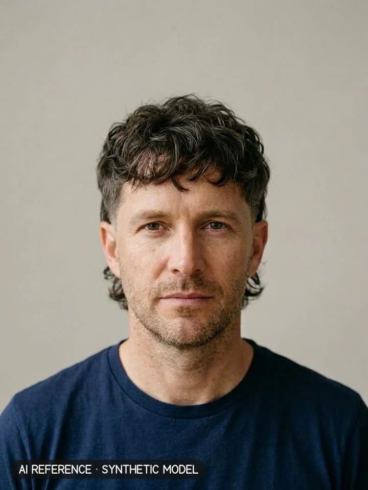 Modern mullet on Model M2 (fair skin · fine-wavy 2A hair with some gray · 40s). AI reference on a synthetic model — not a real person.