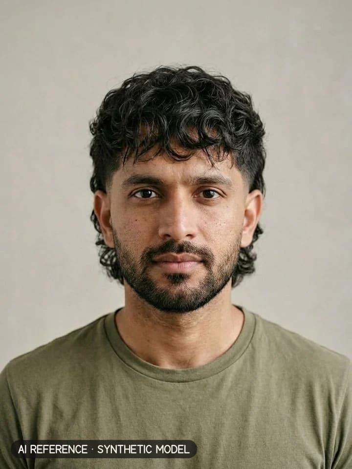 Modern mullet on Model M3 (medium brown skin · thick wavy 2B–2C hair · 30s). AI reference on a synthetic model — not a real person.