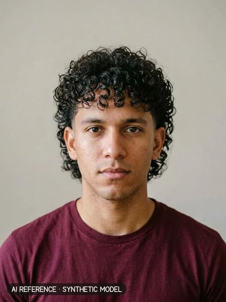 Modern mullet on Model M5 (light brown skin · curly 3B–3C hair · 20s). AI reference on a synthetic model — not a real person.