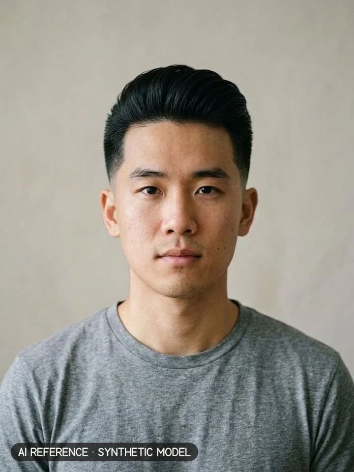 Pompadour on Model M1 (light skin · straight 1B hair · 20s). AI reference on a synthetic model — not a real person.
