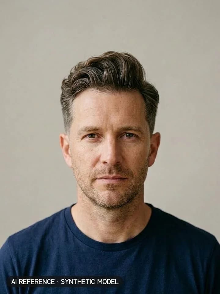 Pompadour on Model M2 (fair skin · fine-wavy 2A hair with some gray · 40s). AI reference on a synthetic model — not a real person.