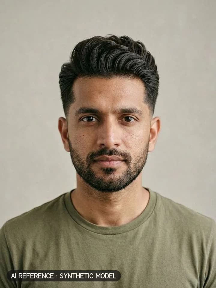 Pompadour on Model M3 (medium brown skin · thick wavy 2B–2C hair · 30s). AI reference on a synthetic model — not a real person.