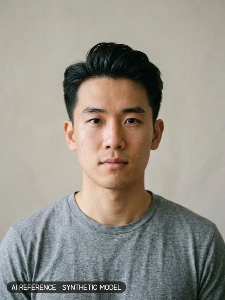 Quiff on Model M1 (light skin · straight 1B hair · 20s). AI reference on a synthetic model — not a real person.