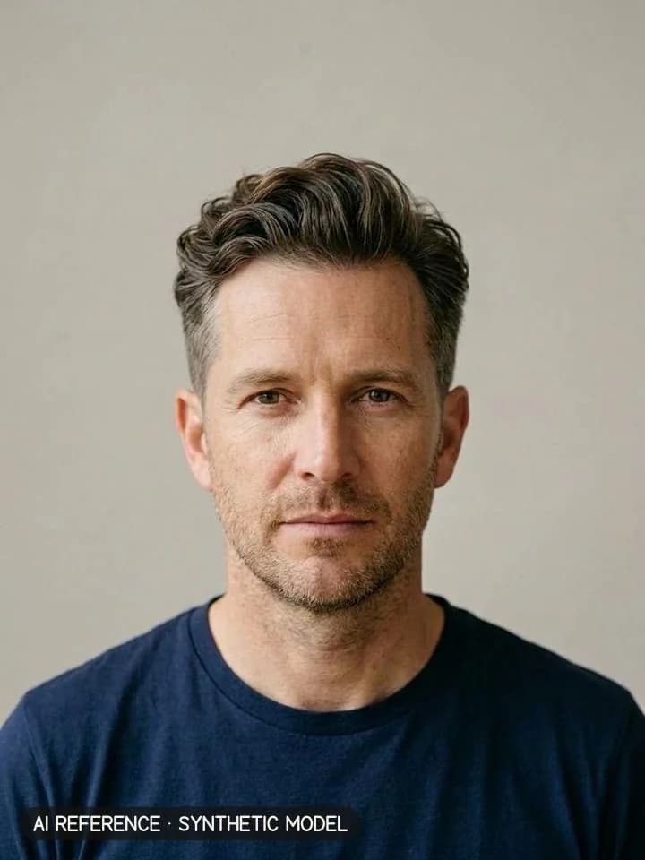 Quiff on Model M2 (fair skin · fine-wavy 2A hair with some gray · 40s). AI reference on a synthetic model — not a real person.