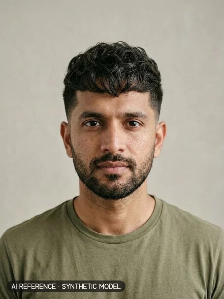 Quiff on Model M3 (medium brown skin · thick wavy 2B–2C hair · 30s). AI reference on a synthetic model — not a real person.