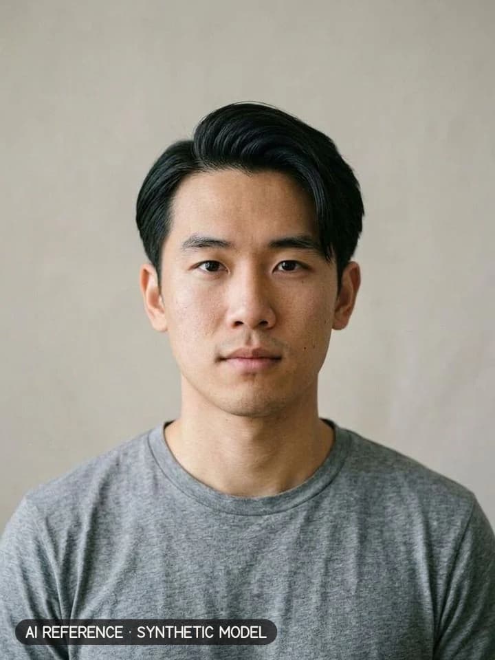 Side part / gentleman's cut on Model M1 (light skin · straight 1B hair · 20s). AI reference on a synthetic model — not a real person.