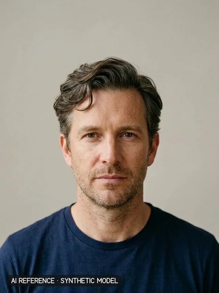 Side part / gentleman's cut on Model M2 (fair skin · fine-wavy 2A hair with some gray · 40s). AI reference on a synthetic model — not a real person.
