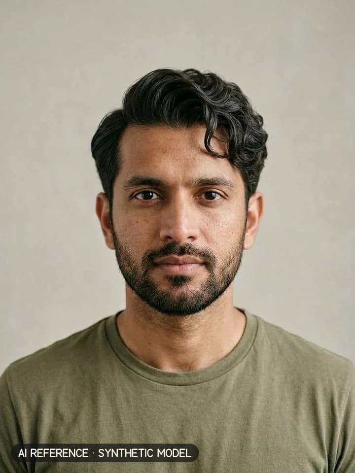 Side part / gentleman's cut on Model M3 (medium brown skin · thick wavy 2B–2C hair · 30s). AI reference on a synthetic model — not a real person.