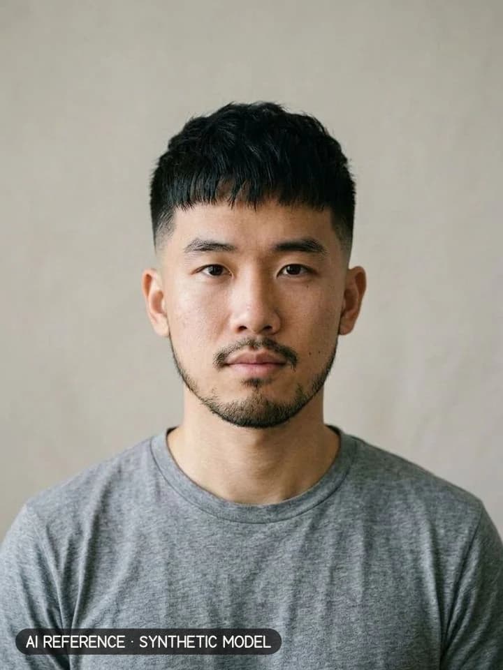 Textured crop on Model M1 (light skin · straight 1B hair · 20s). AI reference on a synthetic model — not a real person.