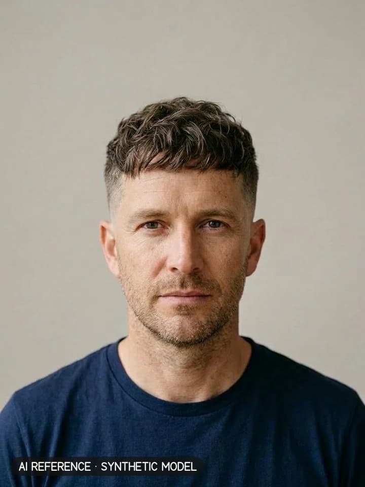 Textured crop on Model M2 (fair skin · fine-wavy 2A hair with some gray · 40s). AI reference on a synthetic model — not a real person.